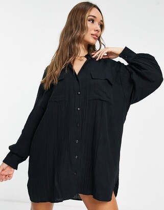 ASOS DESIGN double cloth oversized mini shirt dress in black