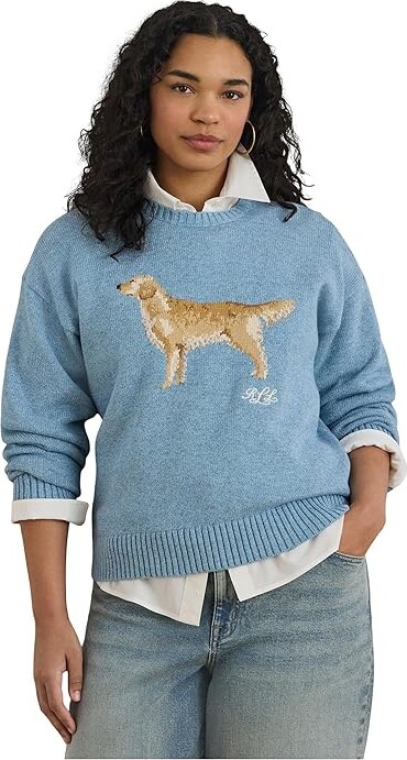 Lauren Ralph Lauren Plus Size Intarsia-Knit Golden Retriever Sweater Women's Sweater Blue Note Heather : 2X Cotton