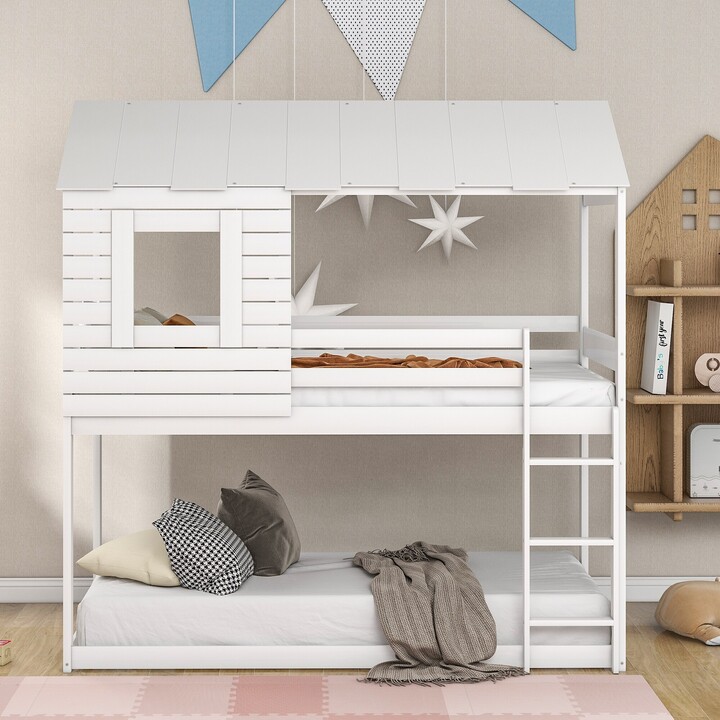 IGEMAN White Twin Over Twin Floor Bunk Bed Wood Loft Bed with Roof