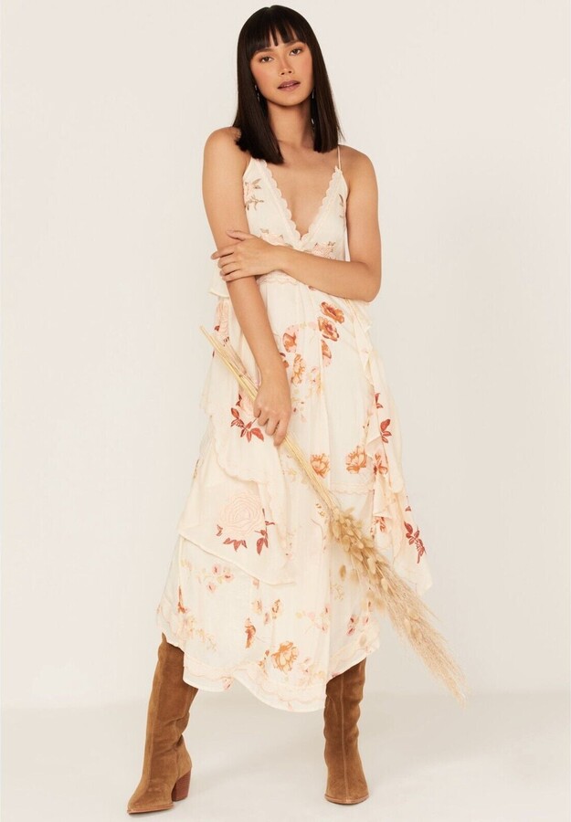 Free People Women's Audrey Maxi Dress Ivory Floral Ruffle Lace Trim ERK948