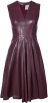 Carolina Herrera - sleeveless leather dress with gathered skirt and v neck - women - Soie/Peau d'agneau - 14