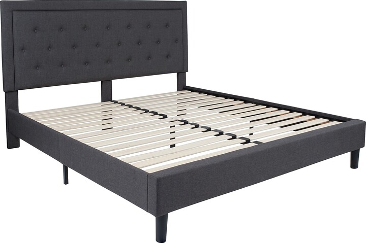 Dark Grey Fabric Platform Bed, Grey Tufted Headboard King Size Bed