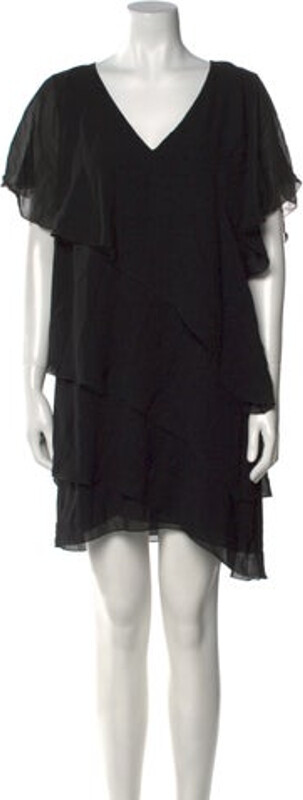 Saint Laurent Silk Shift Dress Black Ruffle Embellishment Short Sleeve with V-Neck Button Closure at Front