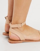 Thumbnail for your product : London Rebel Wide Fit square toe studded two-part flat sandals in beige