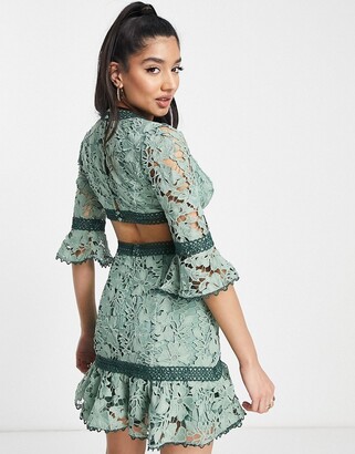 Asos Design Lace Mini Dress With Circle Trim And Cut Out Detail In Sage  Green - Shopstyle