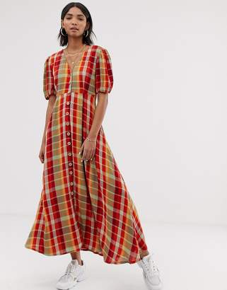 Neon Rose maxi tea dress with puff sleeves in bold check