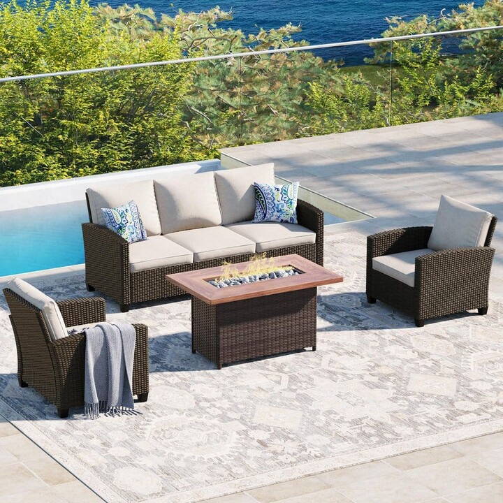 DIFY 4-Piece Wicker Outdoor Patio Conversation Set with Fire Pit Table and Bgige Cushions