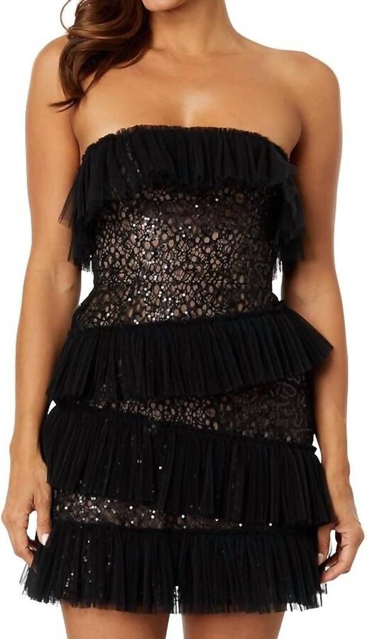 BCBGMAXAZRIA Ruffle Lace Fringe Sequin Mini Dress In Black