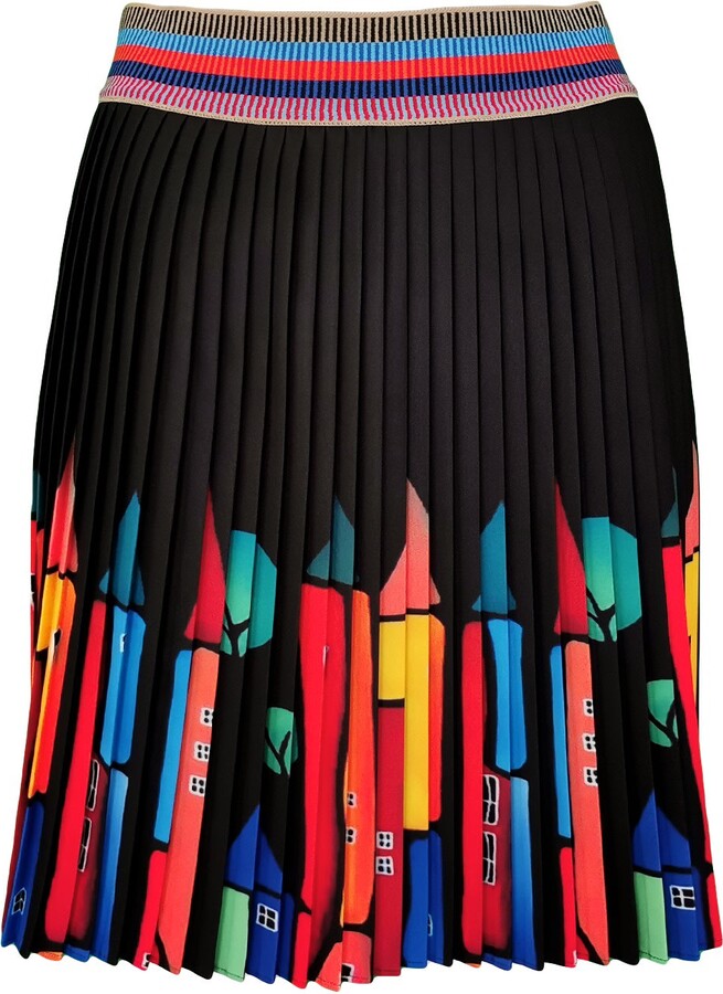 Lalipop Design Black Mini Pleated Skirt With Colorful House Prints