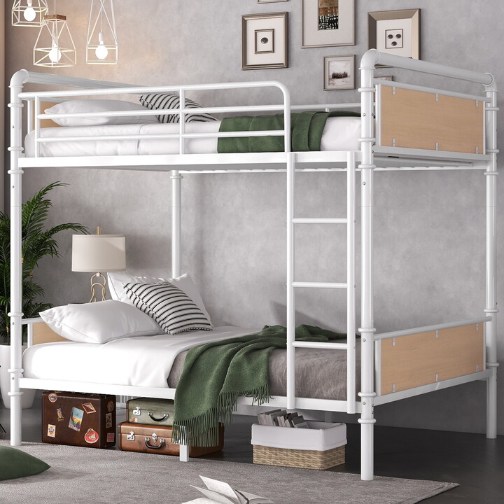 Leumius Twin XL over Twin XL Bunk Bed, Industrial Style Metal Bunk Bed with Safety Guard Rails for Teens and Adults, Easy Assembly, White