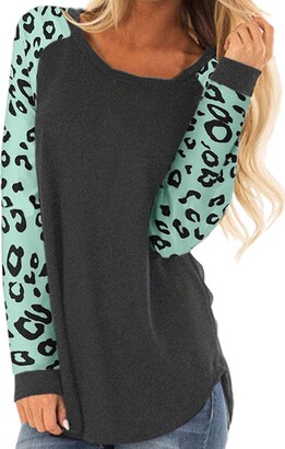 Womens Color Block Long Sleeve Leopard Print Tops Round Neck Striped Loose Casual Shirts Tunic Tops 
