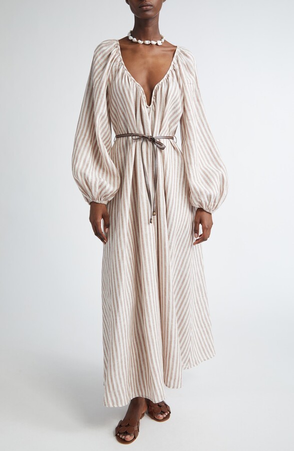 Zimmermann Cascadian Stripe Long Sleeve Linen Maxi Dress