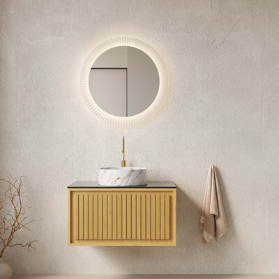 KUNMINGZHUANGZHEN 30" Bathroom Vanity With Sink, Wall-Mounted Plywood Bathroom Storage Cabinet With Drawer, Sintered Stone Countertop And Round Ceramic Basin, Pre-Assem
