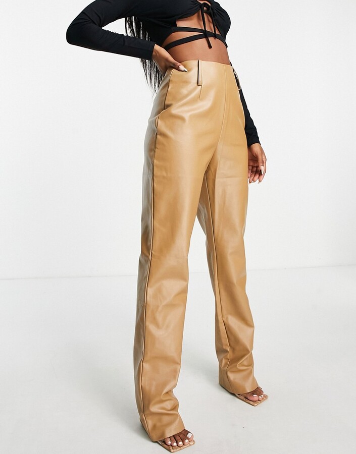 Missy Empire Missyempire exclusive leather look straight leg trousers in  camel - ShopStyle