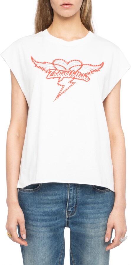 Zadig & Voltaire Cloe Heart Wings Strass Crystal Embellished Cotton Graphic T-Shirt