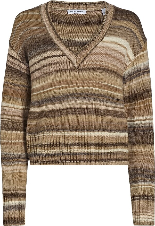 Veronica Beard Women's Diora Striped Wool-Blend V-Neck Sweater - Desert Khaki Multi - Size XS