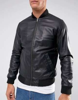 ASOS Design DESIGN leather bomber jacket in black