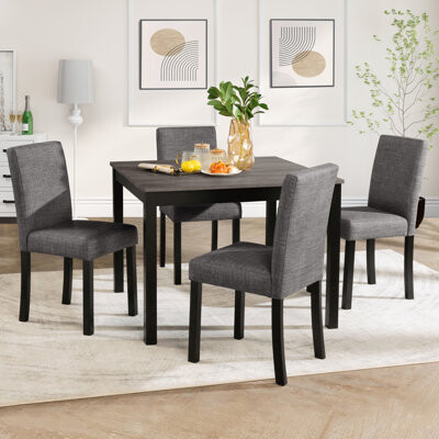 Latitude Run 5-Piece Dining Table Set With 4 Chairs, Dining Table Set For 4 With Chairs, Wooden Dining Table Set For Kitchen, Dining Room, Light Grey & Black Two T