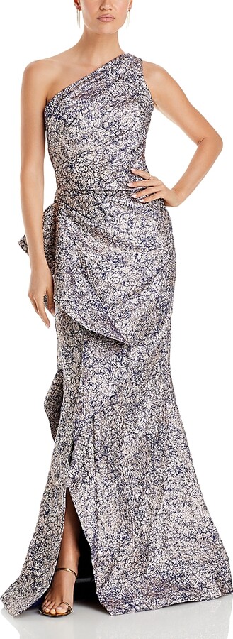 Teri Jon by Rickie Freeman Metallic Jacquard One Shoulder Gown