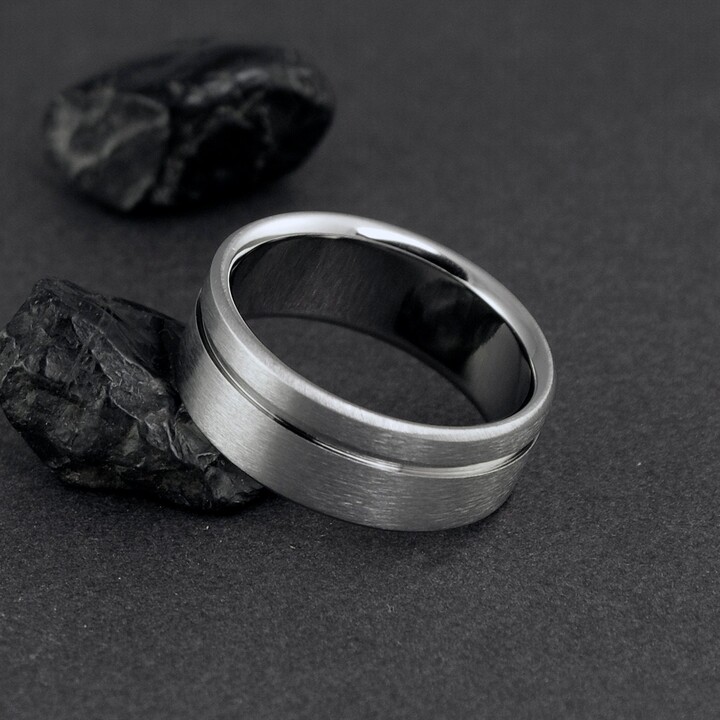 Etsy Simple Titanium Wedding Band With A Low Flat Profile & Natural Plain Pinstripe Shown in Brushed Finish