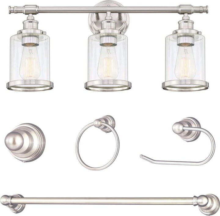 23.5 in. 3-Light Brushed Nickel Vanity Light with 5-Piece Bathroom Hardware Accessory Kit