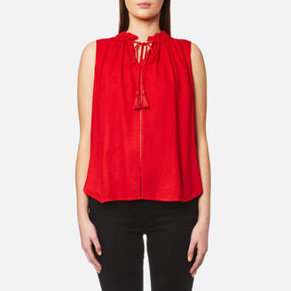 Maison Scotch Women's Sleeveless Top with Ruffle Neckline and Ruffle Inserts Red