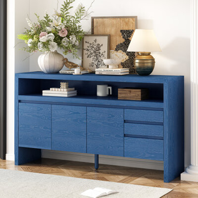 3-Door Sideboard with 3 Drawers - Modern Solid Ash Veneer MDF Sideboard, Semi-Open Shelf & Center Semi-Circular Cutout in Back Panel, Large Storage Ca