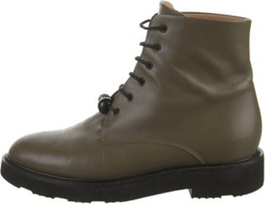 Dear Frances Leather Ankle Combat Boots Green Round-Toes with Beaded Accents Lace-Up Closure at Uppers Unfortunately due to restrictions this item may not be eligible for shipping in all areas.