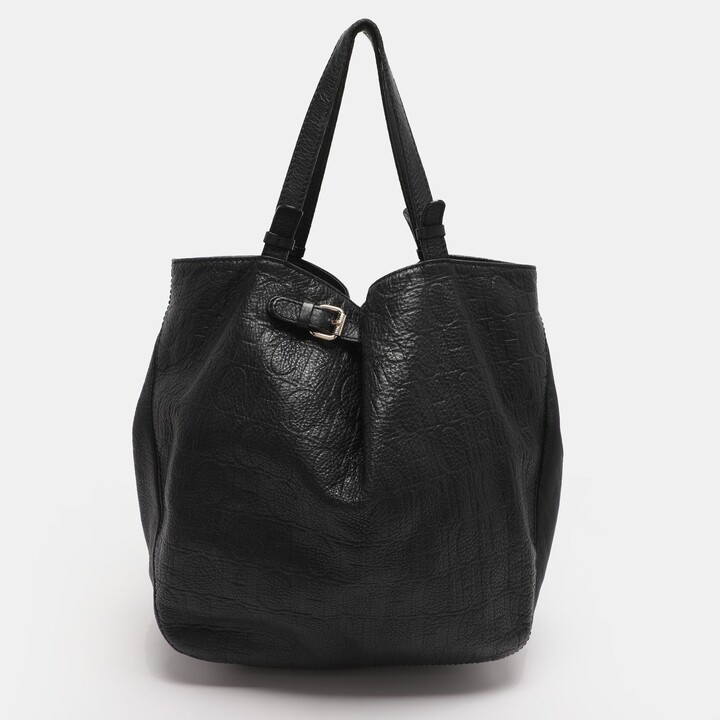 CH Carolina Herrera Black Monogram Embossed Leather Belt Tote