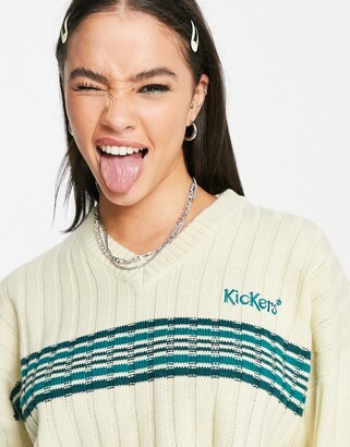 Kickers relaxed v neck jumper with contrast stripe and embroidered logo in wide rib knit