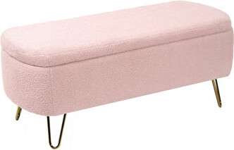 Blue Storage Ottoman Bench For End Of Bed Gold Legs, Modern Grey Faux Fur Entryway Bench Upholstered Padded With Storage For Living Room Bedroom