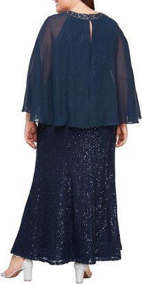 Alex Evenings Sequin Cape Long Sleeve Fit & Flare Gown