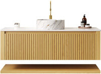 KUNMINGZHUANGZHEN 48" Bathroom Vanity With Sink, Wall-Mounted Plywood Bathroom Storage Cabinet With Drawers And Open Shelf, Sintered Stone Countertop And Ceramic Basin,