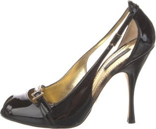 Dolce & Gabbana Patent Leather Pumps Black Peep-Toes with Crystal Embellishments Buckle Closure At Uppers
