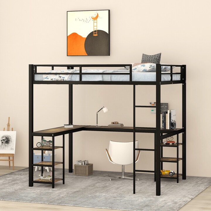 RASOO Black Metal Loft Bed with Desk and Bookshelf, Sturdy Guardrails and LShaped Design