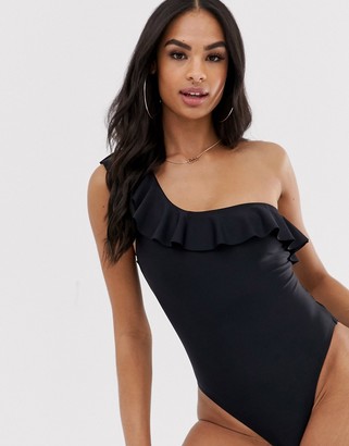 South Beach Exclusive Eco one shoulder frill swimsuit in black