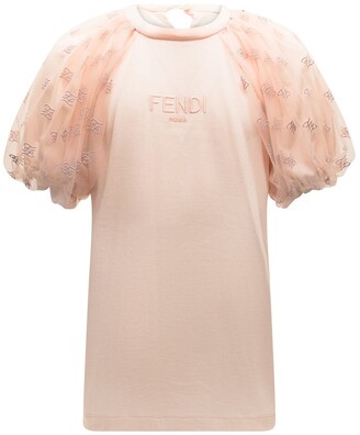 Fendi Kids Logo Embroidered Tulle-Sleeved Blouse