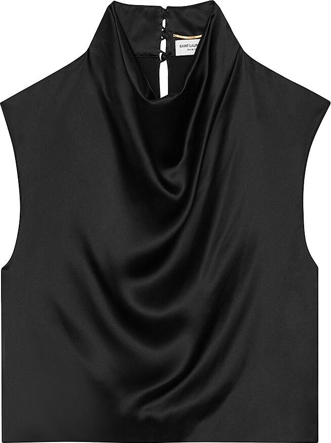 Saint Laurent Cowl-neck Crop Top in Satin - Black - Size 2