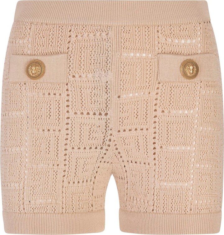 Balmain Beige Perforated Knit Shorts With Monogram - ShopStyle