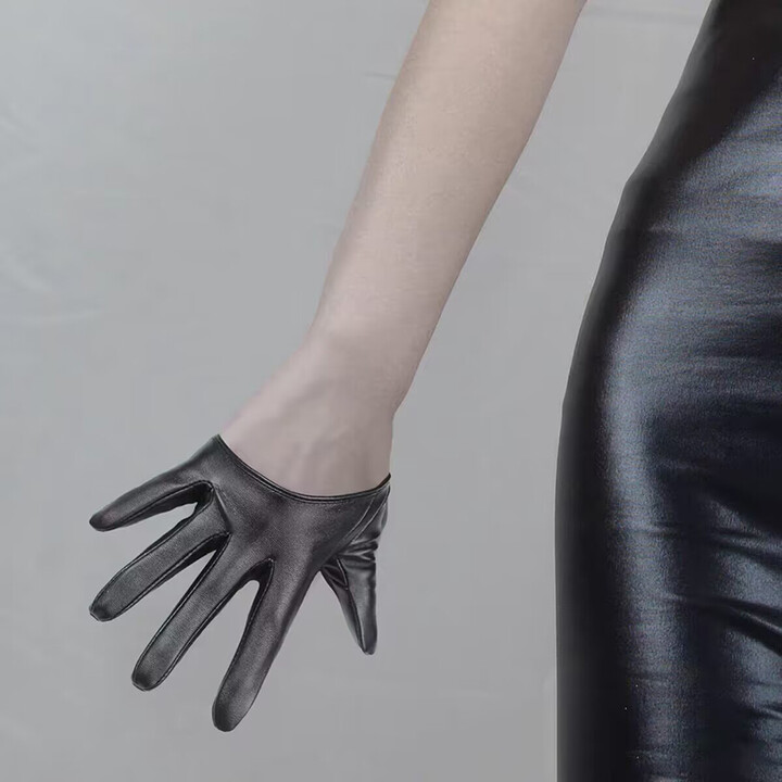 LAOVCE 1 Pair Fashion Women Tight Full Finger Gloves Imitation PU Leather Sexy Half Palm Gloves Party Performance Black Short Mittens