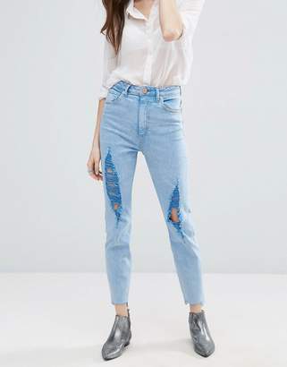 ASOS Design Farleigh High Waist Slim Mom Jeans In Fran Light Mottled Wash With Super Busts And Stepped Hem