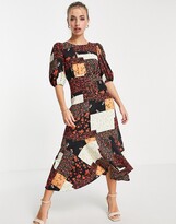 Thumbnail for your product : Miss Selfridge puff sleeve midi dress in patchwork print