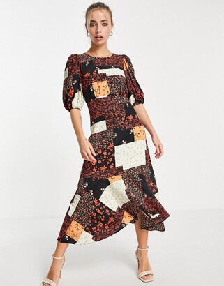 Miss Selfridge puff sleeve midi dress in patchwork print