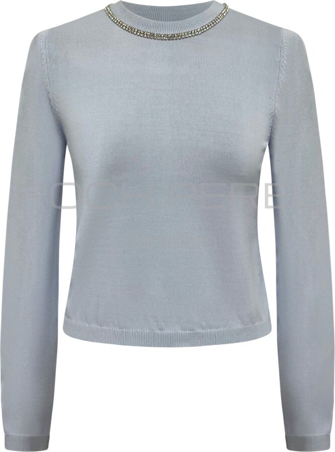 Roch Perel Blue / Silver Rhinestone Neck Button Back Sweater