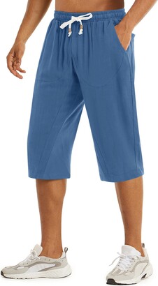 TACVASEN Cotton Shorts Mens Casual Linen Shorts Summer 3/4 Capri Shorts  Baggy Cargo Trousers Pockets Pyjama Loose Fit Lounge Shorts Black -  ShopStyle
