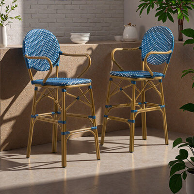 Bayou Breeze Outdoor Wicker And Aluminum 29.5" French Barstools, Set Of 2