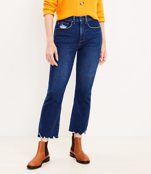 LOFT Petite Curvy Chewed Hem High Rise Kick Crop Jeans in Destructed