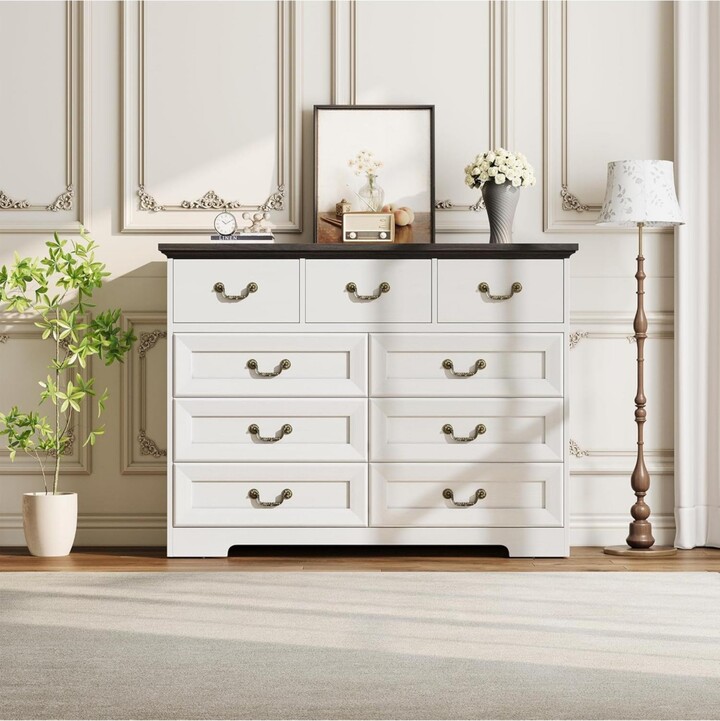 gaomon Farmhouse 9-Drawer Dresser Rustic Vintage Chest with Natural Texture Spacious Storage Organizer White