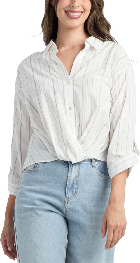 BCX Women's Variegated Stripe Button-Up Top