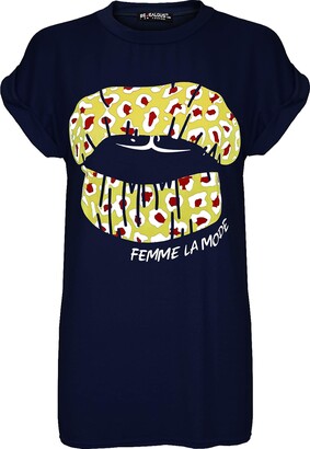 Be Jealous Women Femme Mode Print Turn Up Sleeve T-Shirt Top Femme Navy Plus Size (UK 20/22)